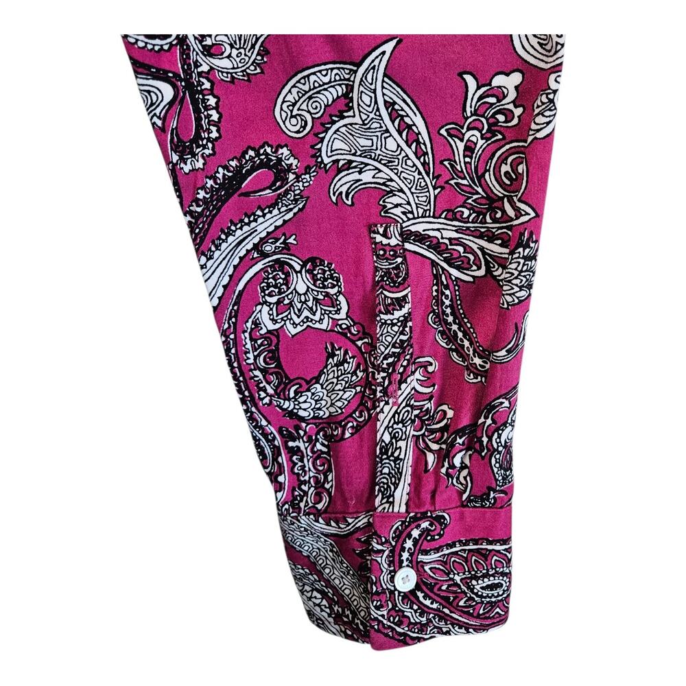 TALBOTS Women's 14 Blouse Paisley Pink Black Button Up Cotton Sateen Classic 40" - Picture 6 of 9